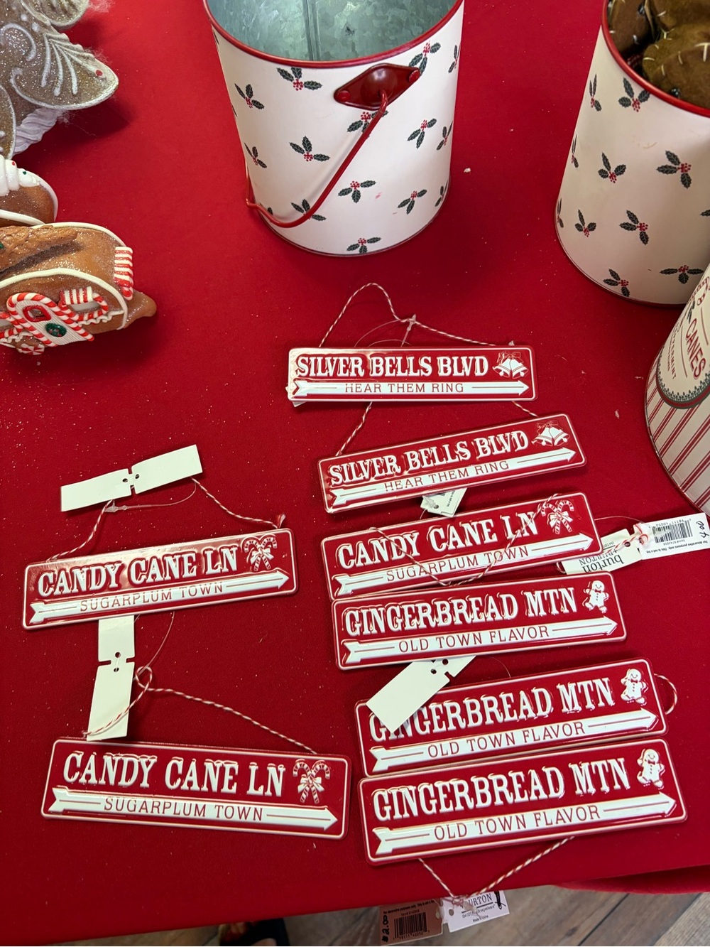 Red Holiday Street Sign Ornaments – Candy Cane, Silver Bells & Gingerbread